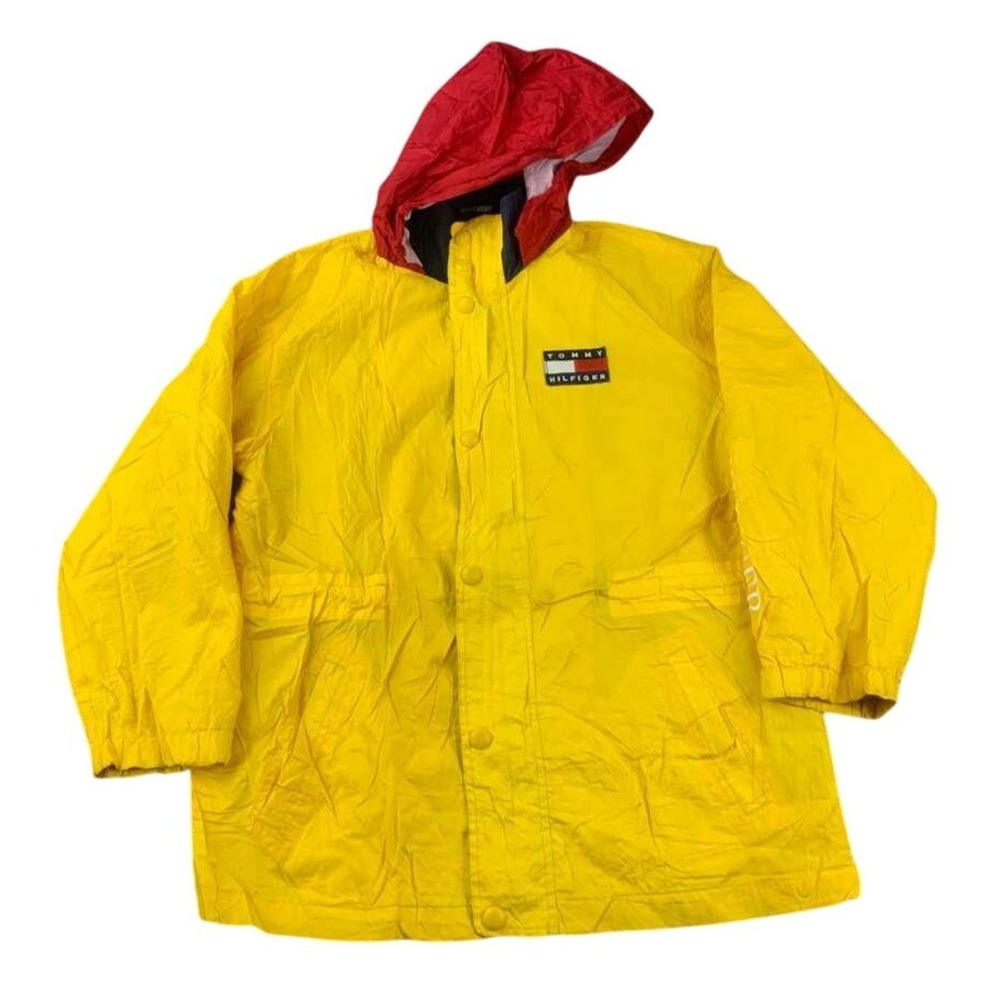 Vintage Tommy Hilfiger Rain Jacket Men Medium Yellow Red Hooded Coat Waterproof